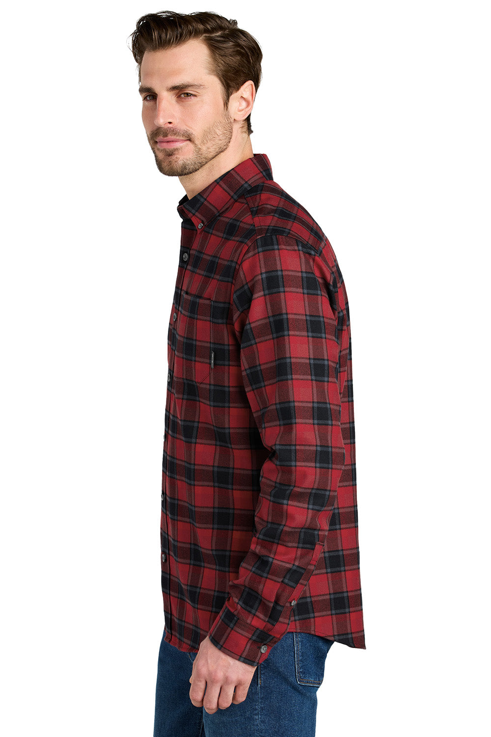 Eddie Bauer EB610 Mens Favorite Flannel Long Sleeve Button Down Shirt w/ Pocket Red Highland Plaid Model Side