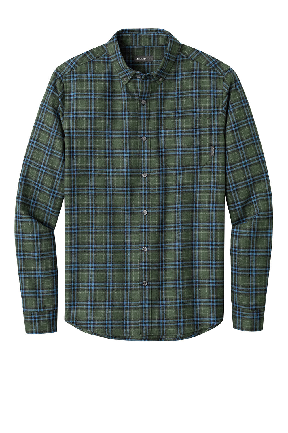 Eddie Bauer EB610 Mens Favorite Flannel Long Sleeve Button Down Shirt w/ Pocket Soft Olive Green Plaid Flat Front