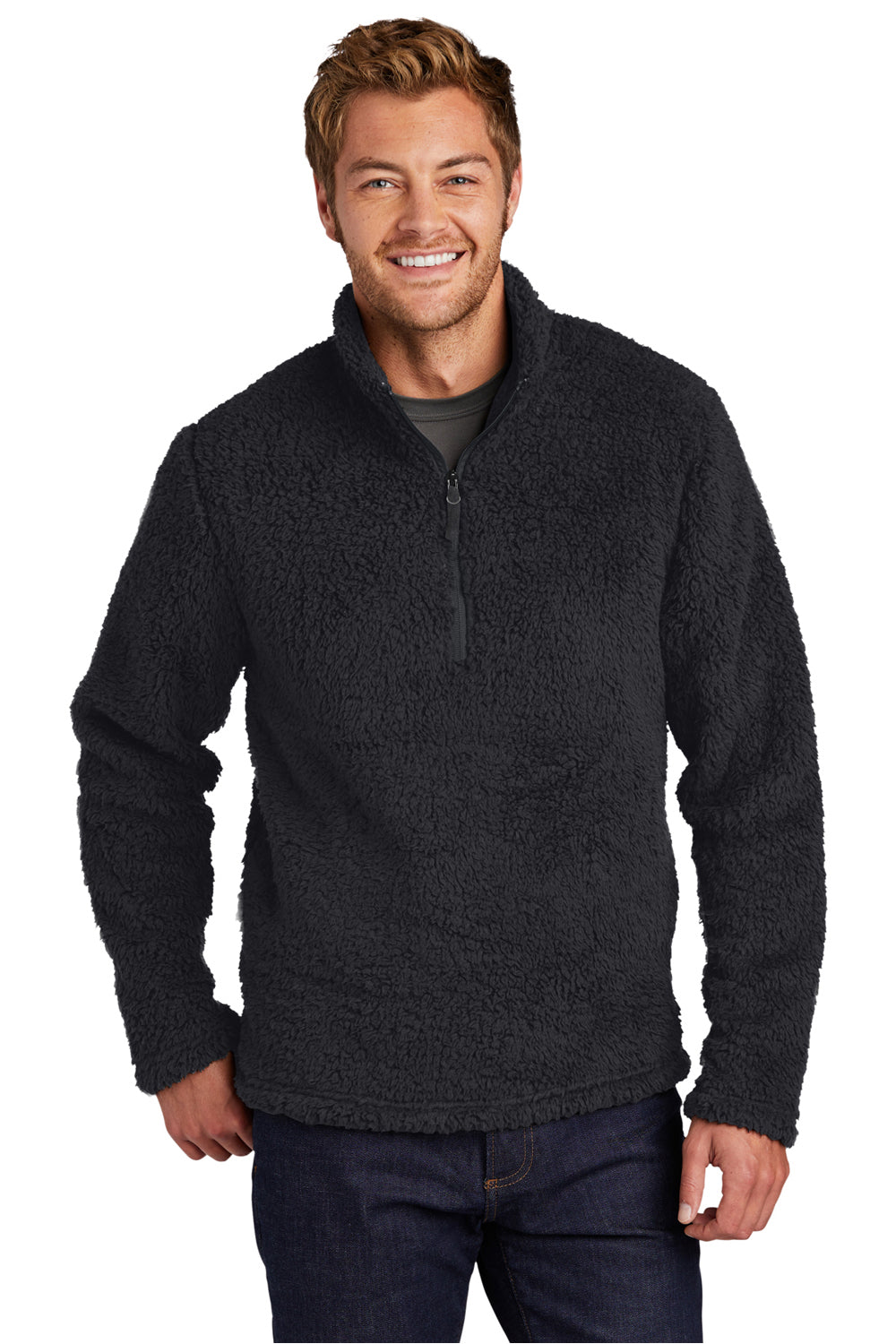 Port Authority F130 Mens Cozy Sherpa Fleece 1/4 Zip Jacket Charcoal Grey Model Front