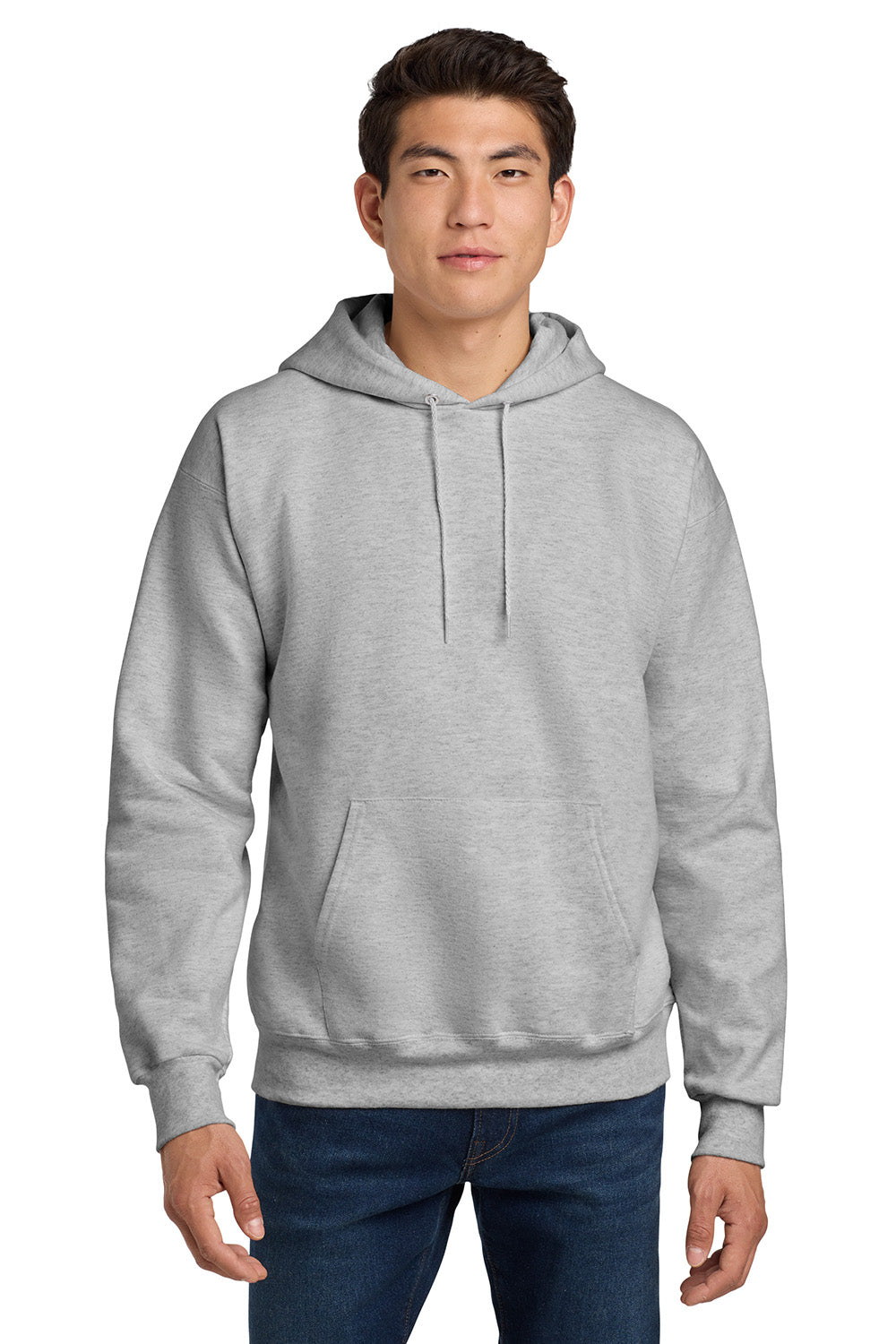 Hanes F170 Mens Ultimate Cotton PrintPro XP Pill Resistant Hooded Sweatshirt Hoodie w/ Pouch Pocket Ash Grey Model Front