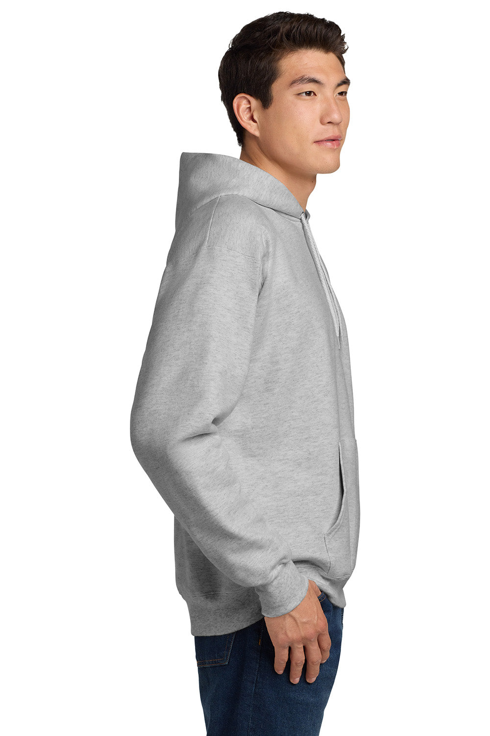 Hanes F170 Mens Ultimate Cotton PrintPro XP Pill Resistant Hooded Sweatshirt Hoodie w/ Pouch Pocket Ash Grey Model Side