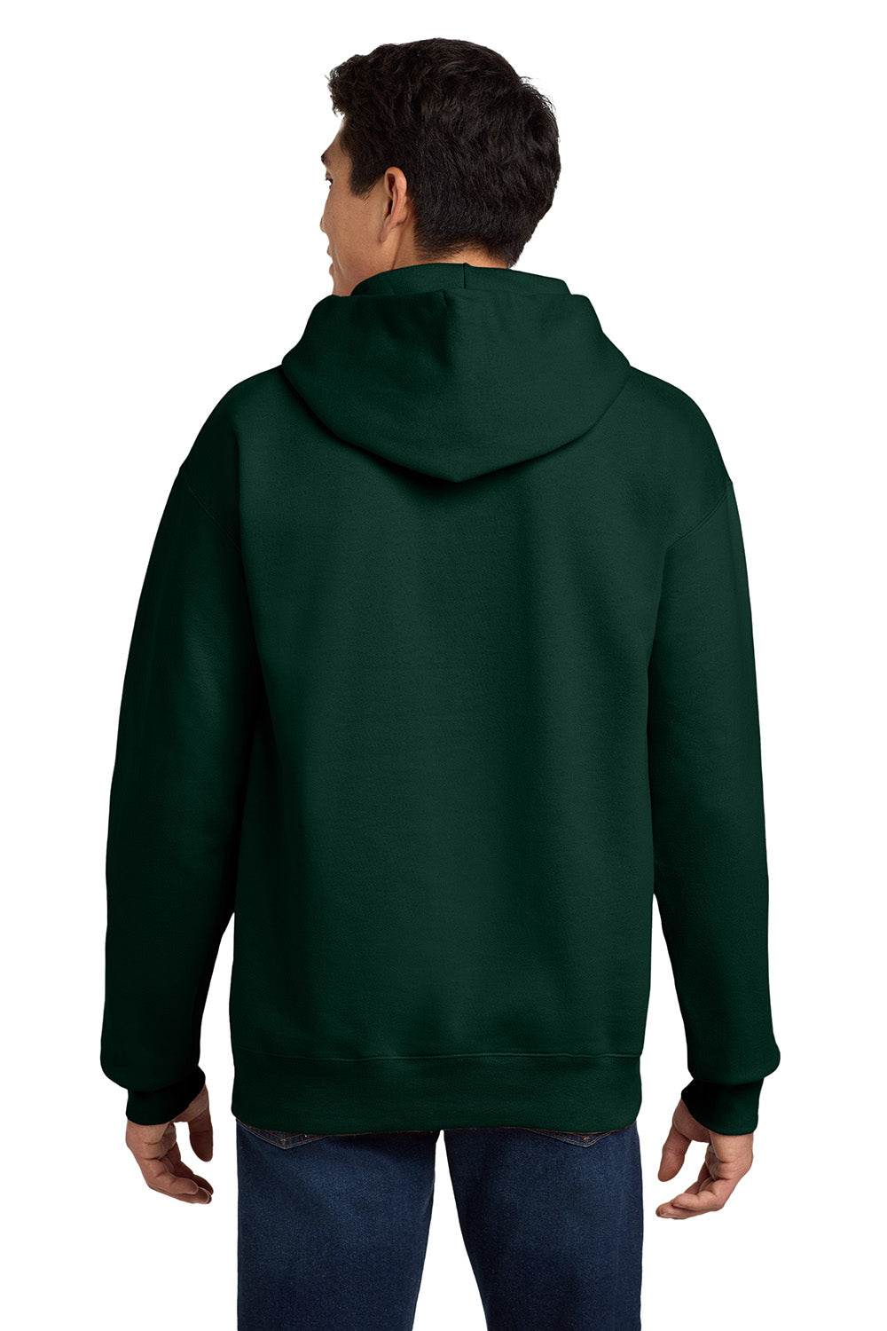 Hanes F170 Mens Ultimate Cotton PrintPro XP Pill Resistant Hooded Sweatshirt Hoodie w/ Pouch Pocket Deep Forest Green Model Back