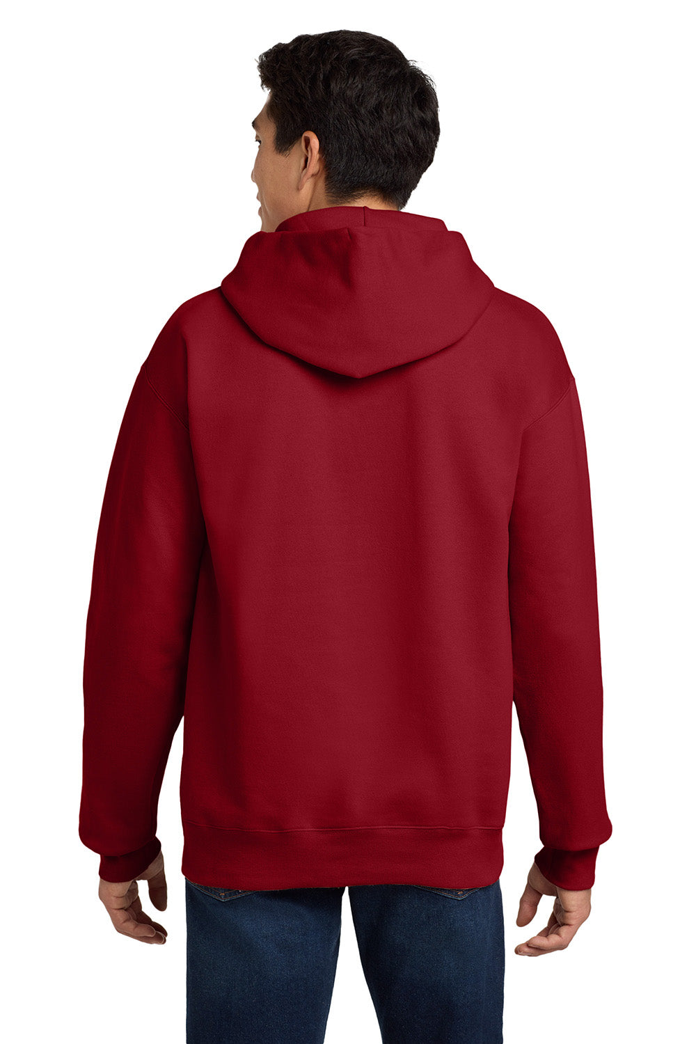 Hanes F170 Mens Ultimate Cotton PrintPro XP Pill Resistant Hooded Sweatshirt Hoodie w/ Pouch Pocket Deep Red Model Back