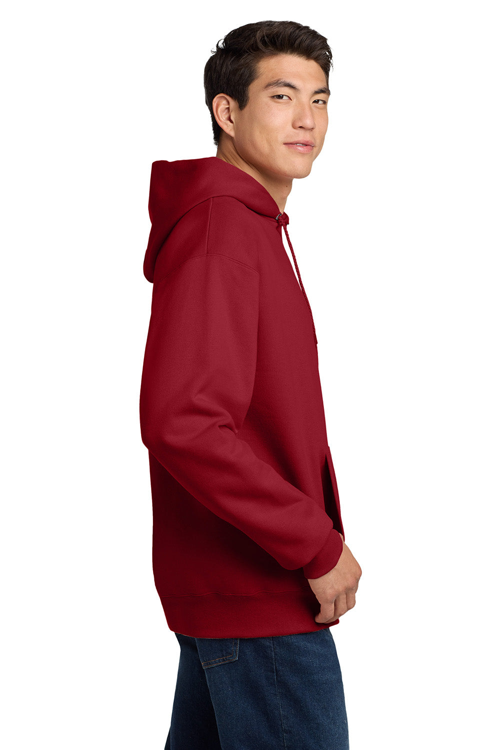 Hanes F170 Mens Ultimate Cotton PrintPro XP Pill Resistant Hooded Sweatshirt Hoodie w/ Pouch Pocket Deep Red Model Side