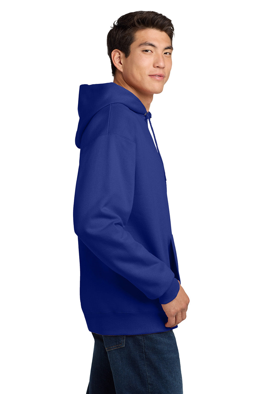 Hanes F170 Mens Ultimate Cotton PrintPro XP Pill Resistant Hooded Sweatshirt Hoodie w/ Pouch Pocket Deep Royal Blue Model Side