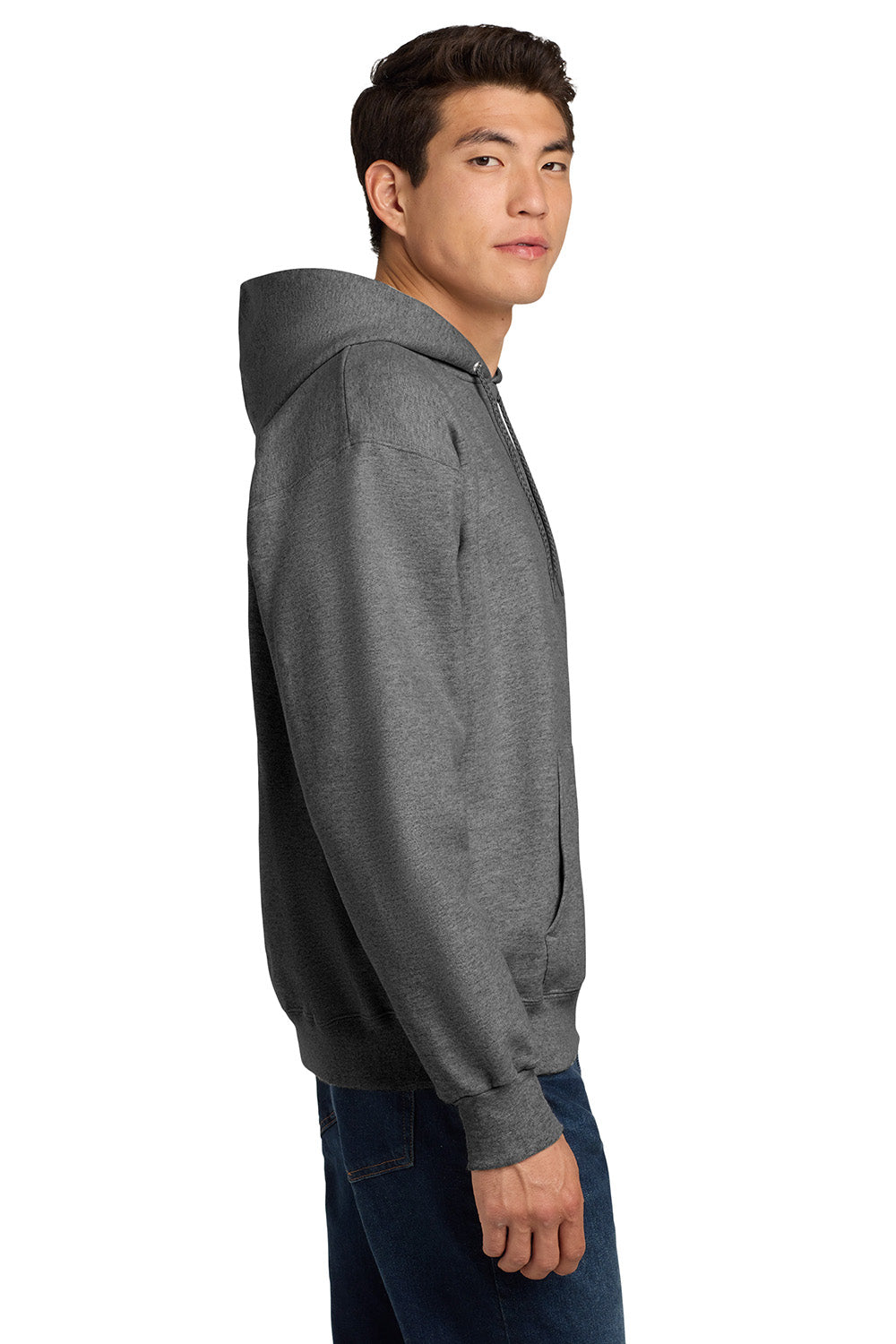 Hanes F170 Mens Ultimate Cotton PrintPro XP Pill Resistant Hooded Sweatshirt Hoodie w/ Pouch Pocket Light Steel Grey Model Side