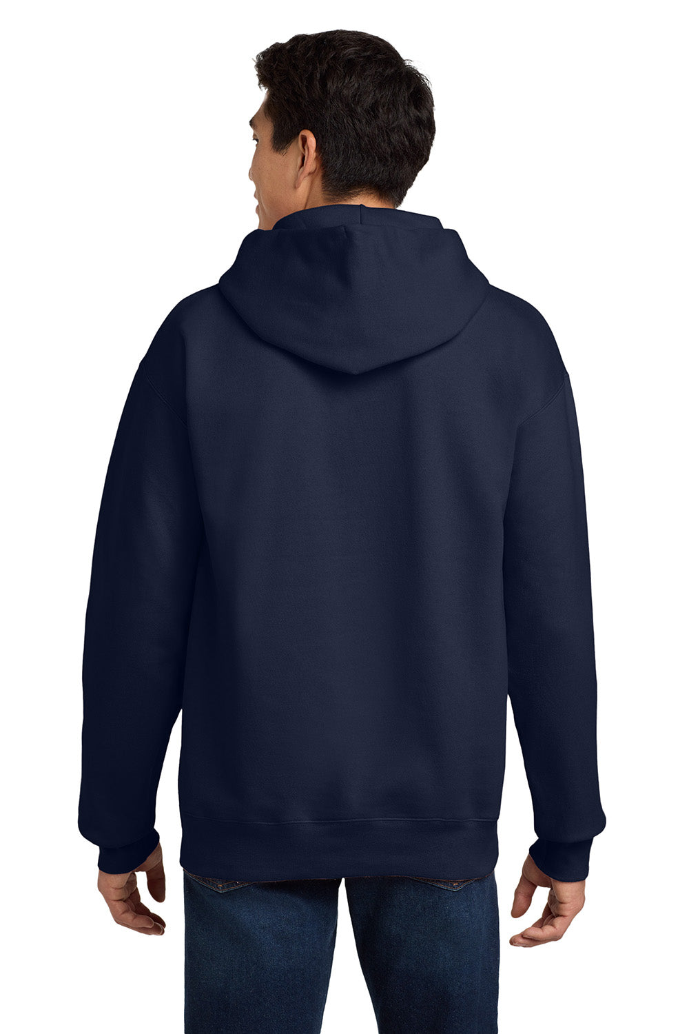 Hanes F170 Mens Ultimate Cotton PrintPro XP Pill Resistant Hooded Sweatshirt Hoodie w/ Pouch Pocket Navy Blue Model Back