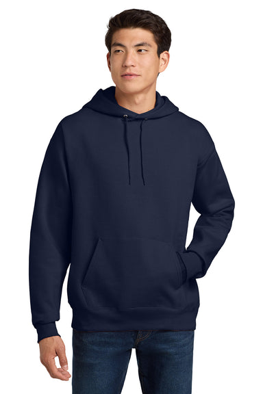 Hanes F170 Mens Ultimate Cotton PrintPro XP Pill Resistant Hooded Sweatshirt Hoodie w/ Pouch Pocket Navy Blue Model Front