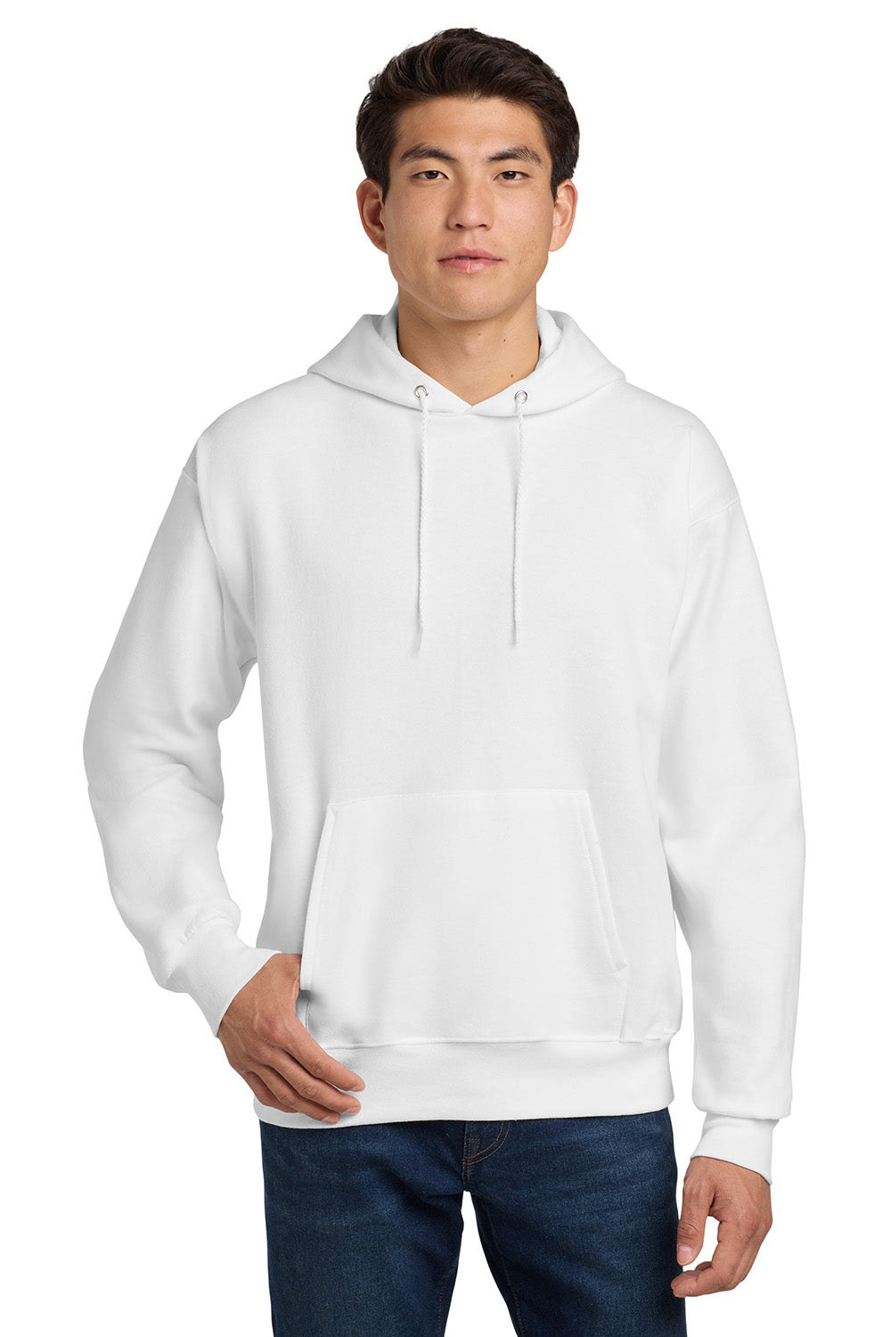 Hanes F170 Mens Ultimate Cotton PrintPro XP Pill Resistant Hooded Sweatshirt Hoodie w/ Pouch Pocket White Model Front