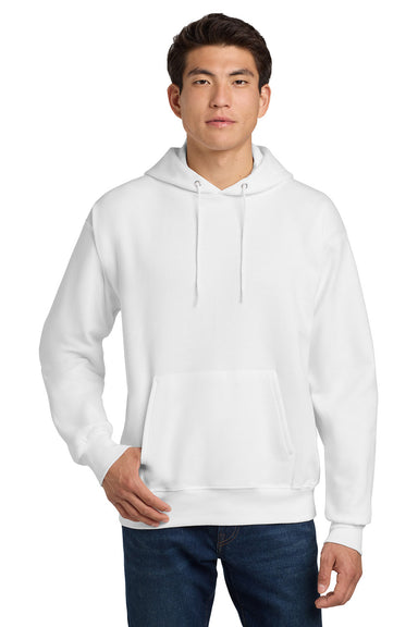 Hanes F170 Mens Ultimate Cotton PrintPro XP Pill Resistant Hooded Sweatshirt Hoodie w/ Pouch Pocket White Model Front