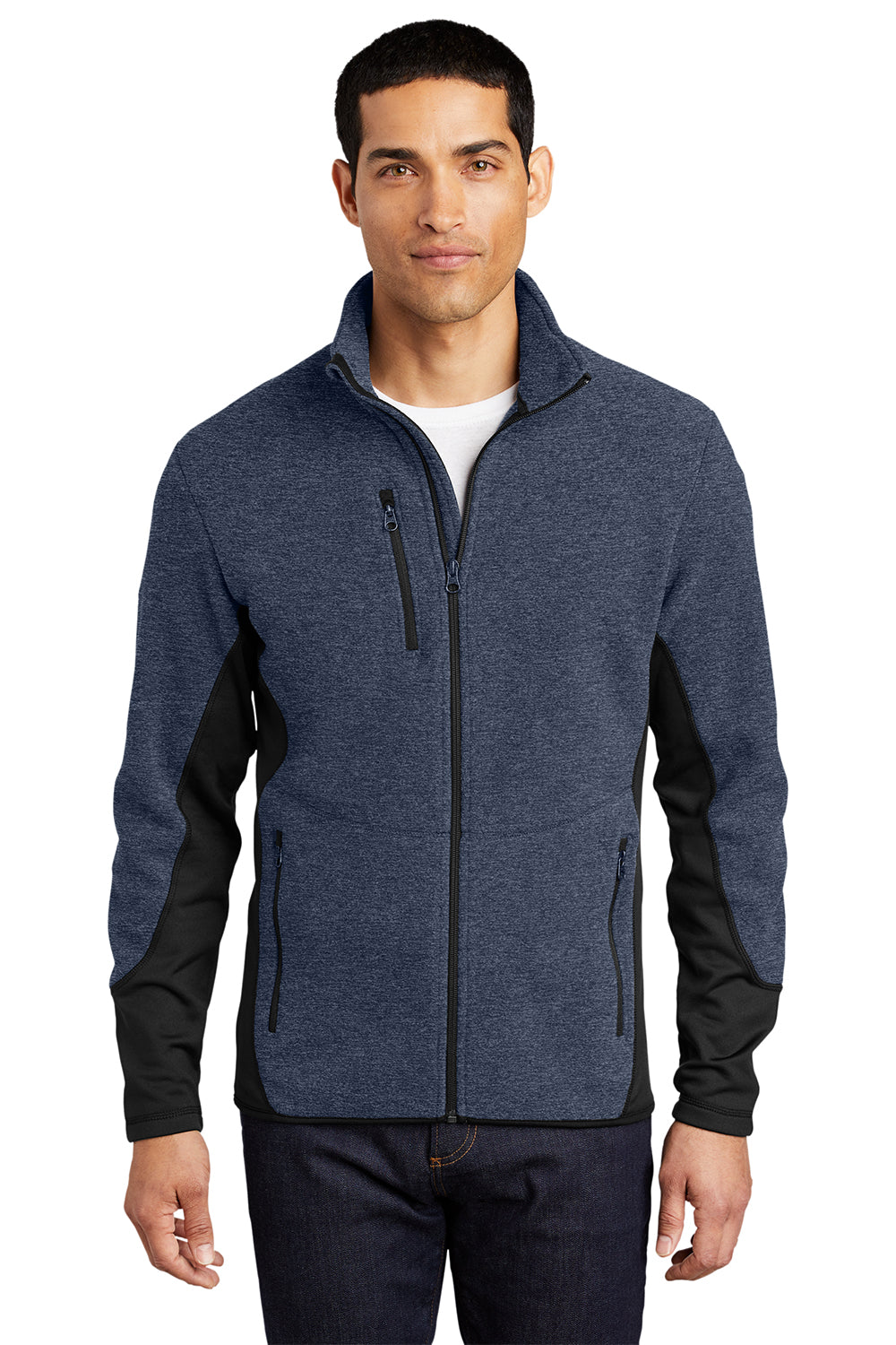 Port Authority F227 Mens R-Tek Pro Pill Resistant Fleece Full Zip Jacket Heather Navy Blue/Black Model Front