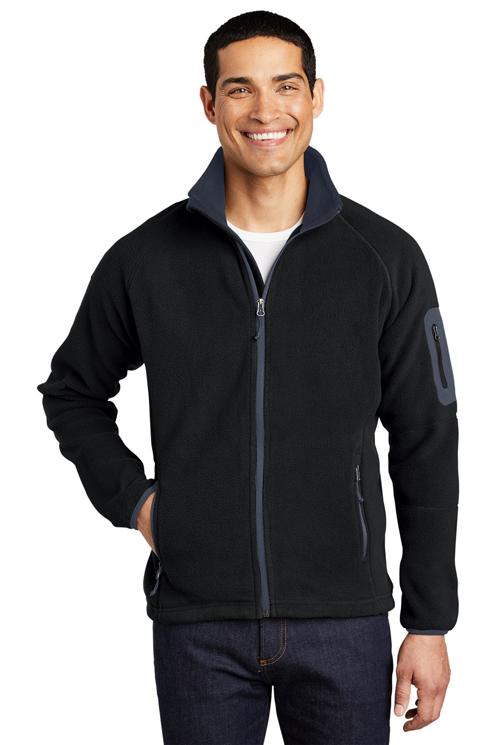 Port Authority F229 Mens Full Zip Fleece Jacket Black/Battleship Grey Model Front