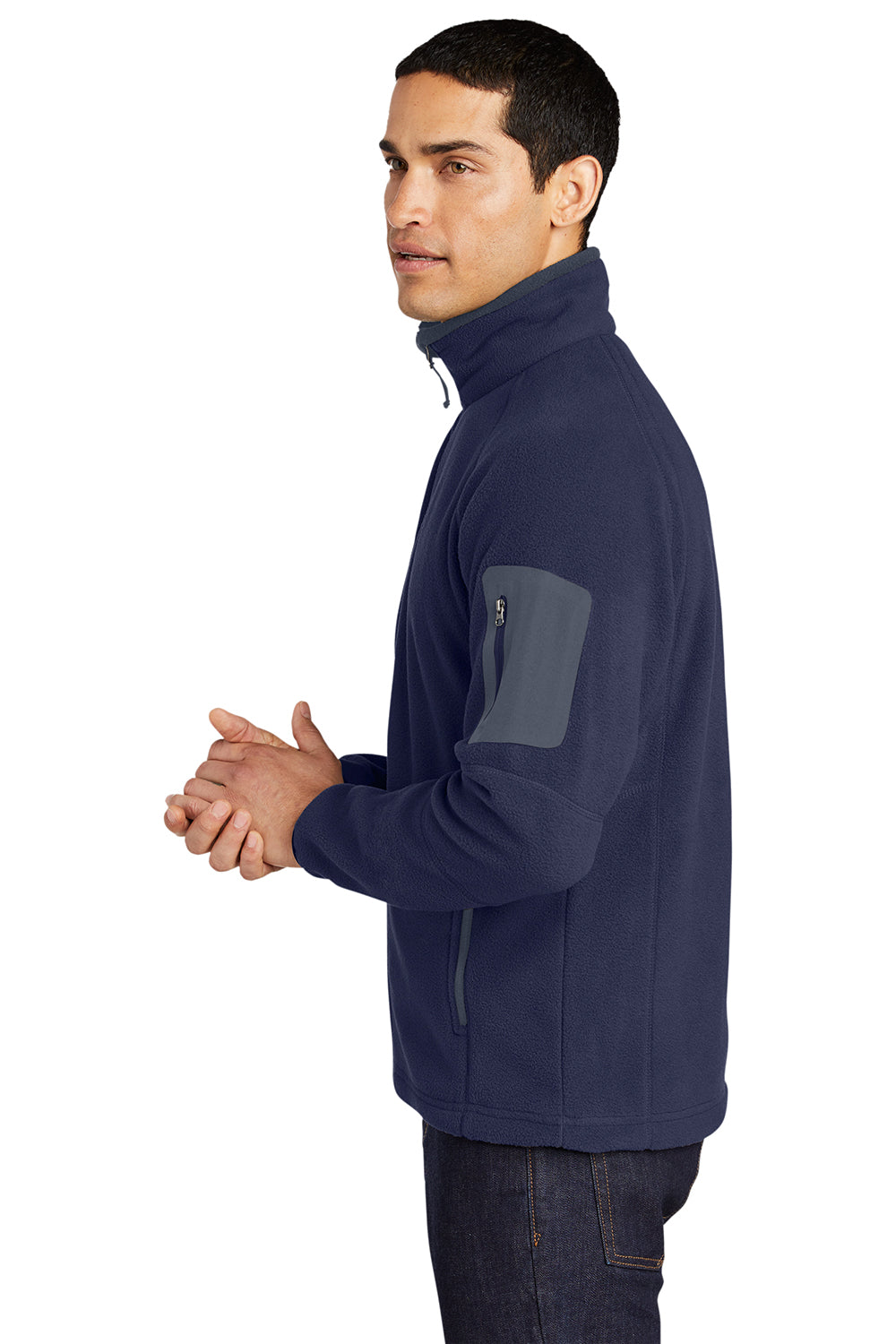 Port Authority F229 Mens Full Zip Fleece Jacket Navy Blue/Battleship Grey Model Side