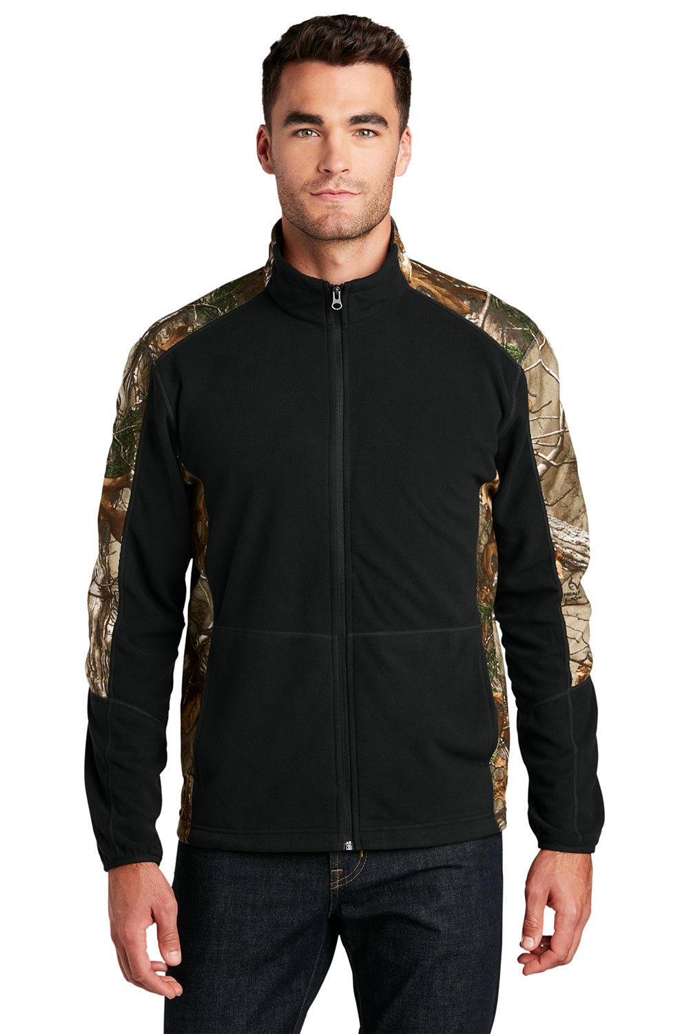 Port Authority F230C Mens Full Zip Microfleece Jacket Black/Realtree Xtra Camo Model Front