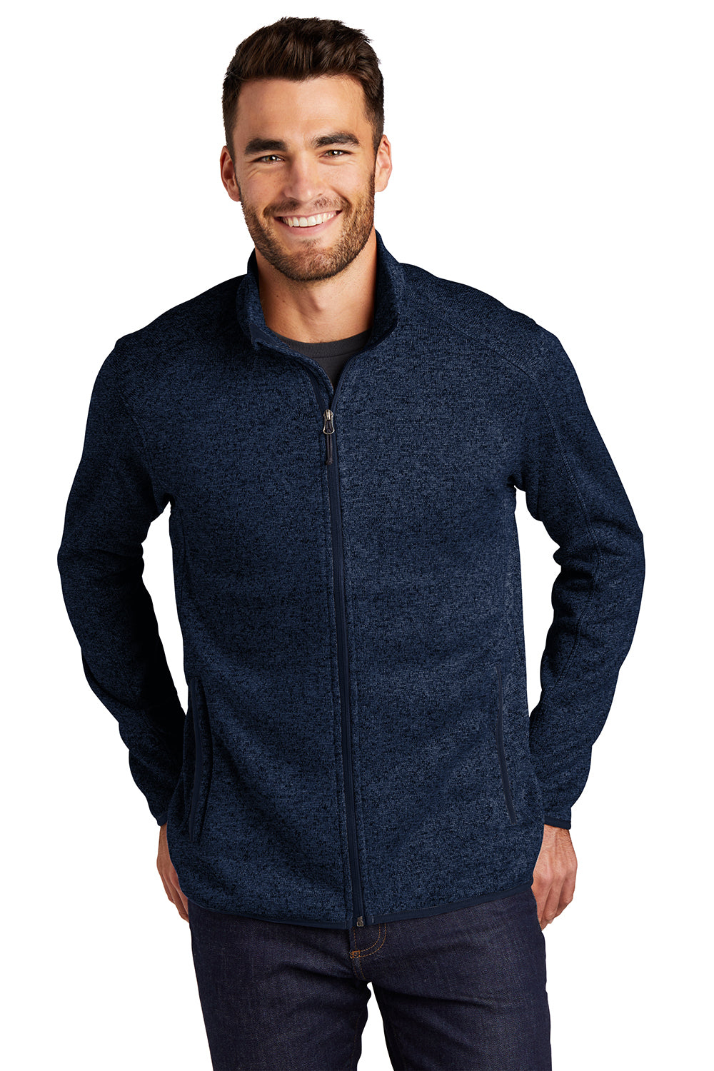 Port Authority F232 Mens Full Zip Sweater Fleece Jacket Heather River Navy Blue Model Front