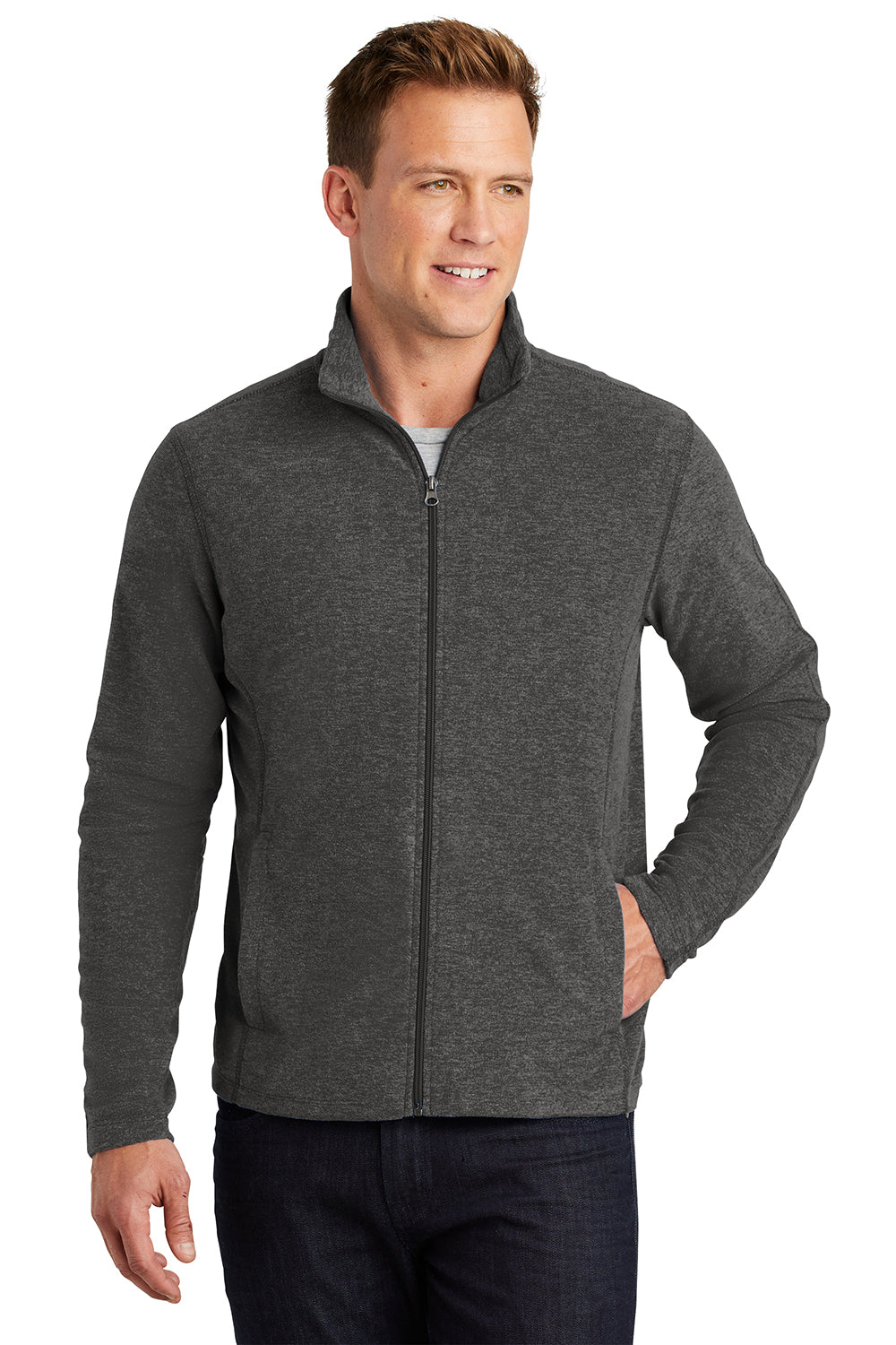 Port Authority F235 Mens Heather Pill Resistant Microfleece Full Zip Sweatshirt Heather Charcoal Black Model Front