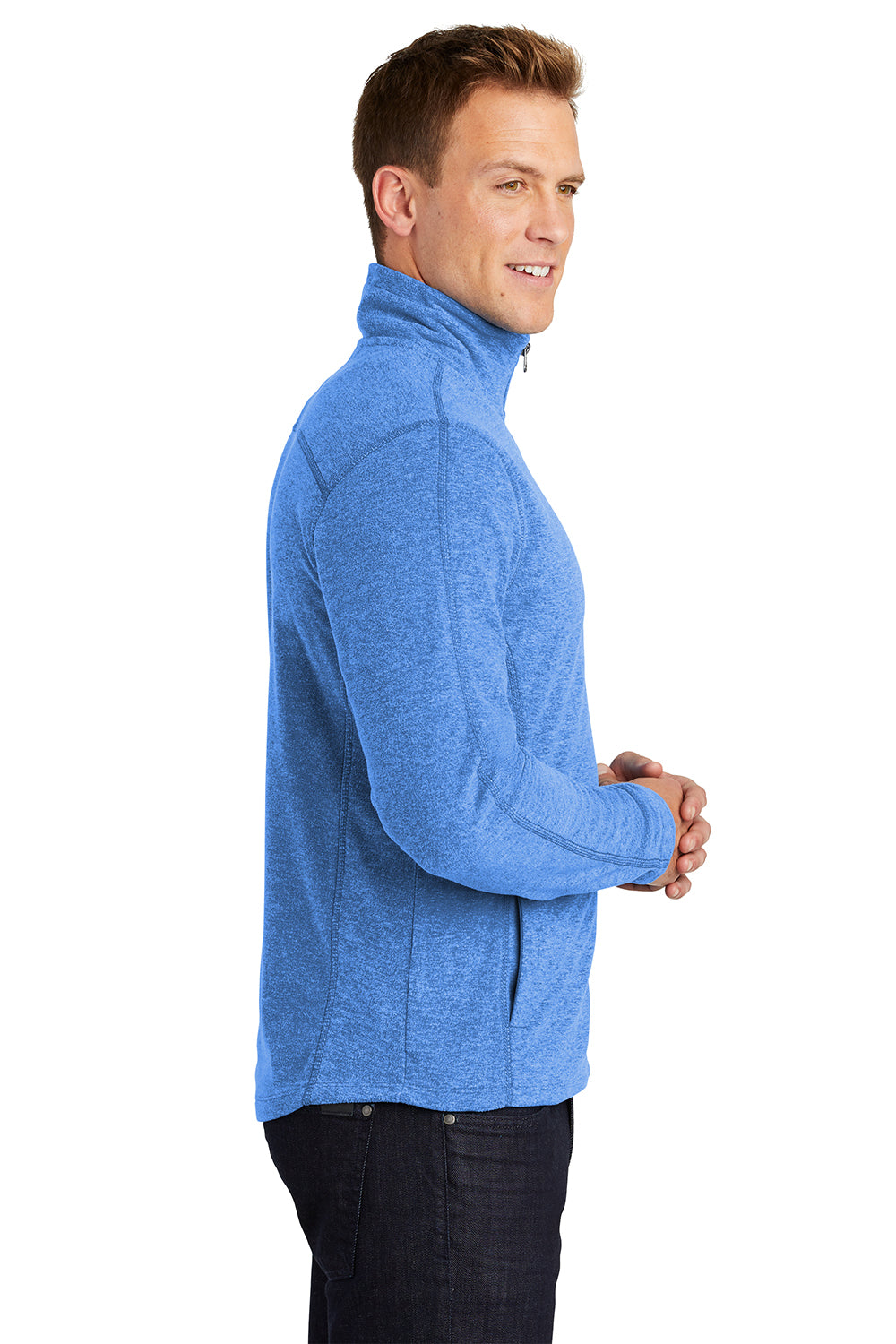 Port Authority F235 Mens Heather Pill Resistant Microfleece Full Zip Sweatshirt Heather Light Royal Blue Model Side