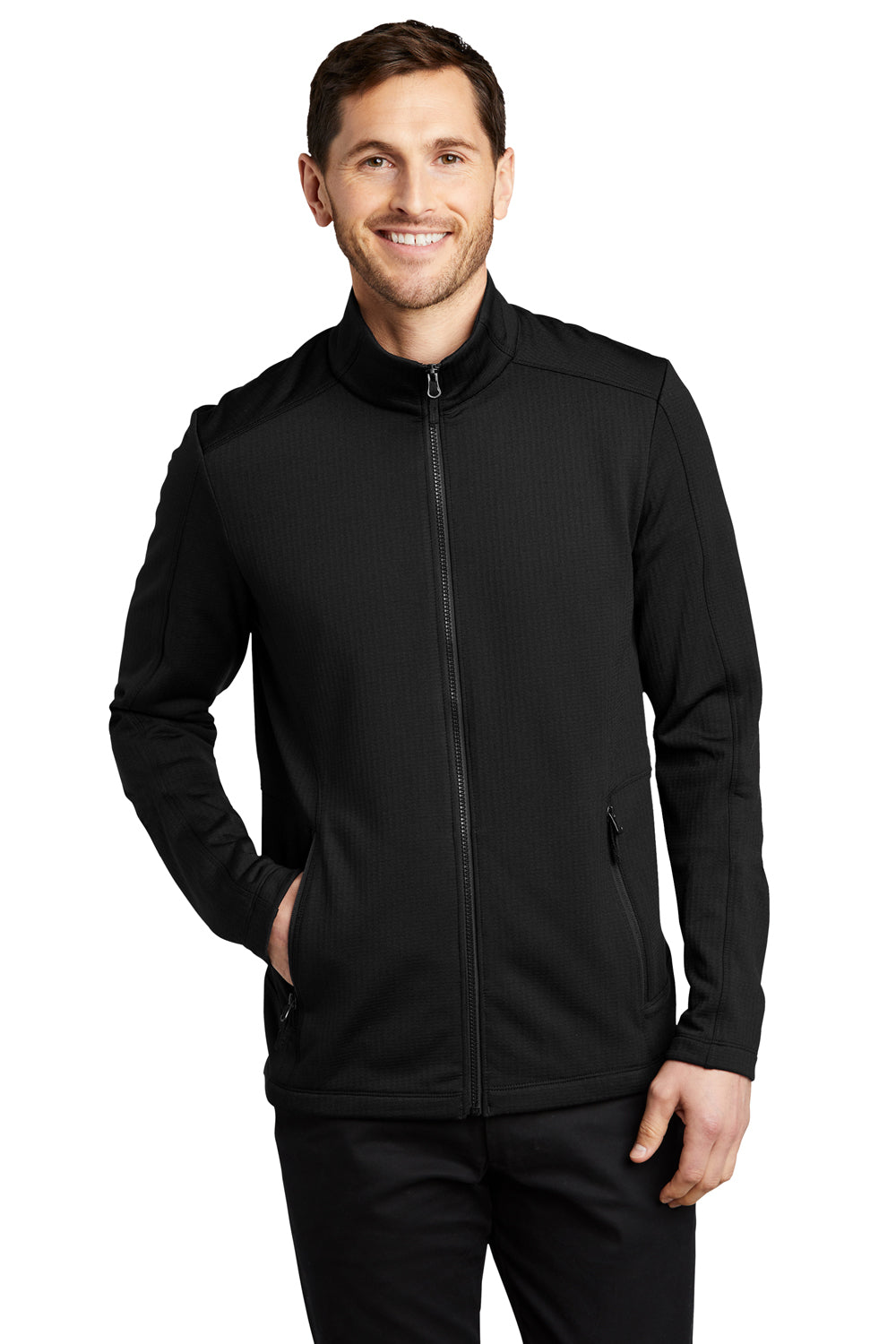 Port Authority F239 Mens Grid Fleece Full Zip Jacket Deep Black Model Front