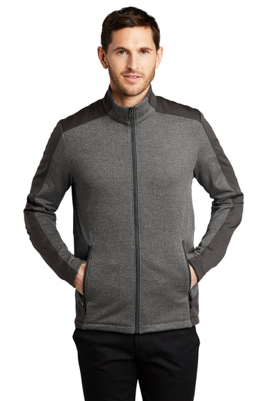 Port Authority F239 Mens Grid Fleece Full Zip Jacket Heather Smoke Grey/Smoke Grey Model Front