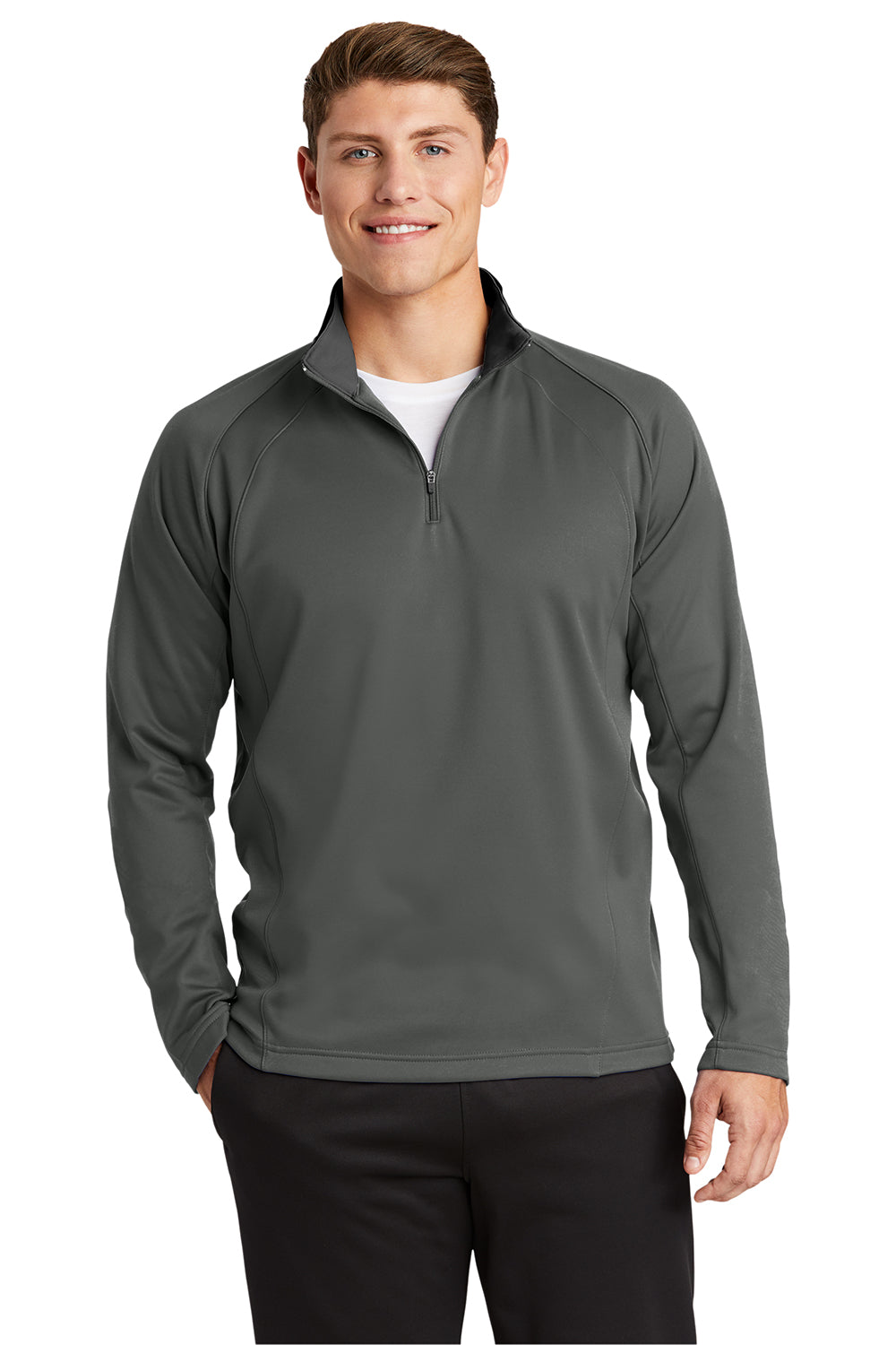 Sport-Tek F243 Mens Sport-Wick Moisture Wicking Fleece 1/4 Zip Sweatshirt Dark Smoke Grey/Black Model Front