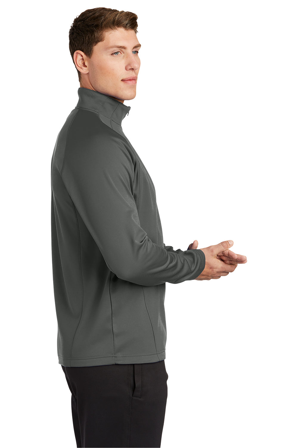 Sport-Tek F243 Mens Sport-Wick Moisture Wicking Fleece 1/4 Zip Sweatshirt Dark Smoke Grey/Black Model Side