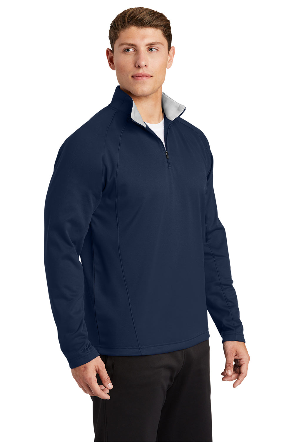 Sport-Tek F243 Mens Sport-Wick Moisture Wicking Fleece 1/4 Zip Sweatshirt Navy Blue/Silver Grey Model 3q