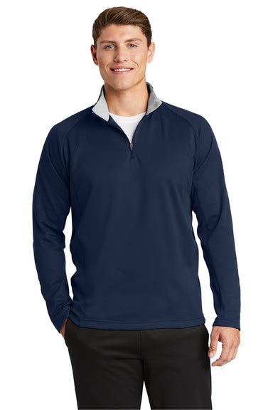 Sport-Tek F243 Mens Sport-Wick Moisture Wicking Fleece 1/4 Zip Sweatshirt Navy Blue/Silver Grey Model Front