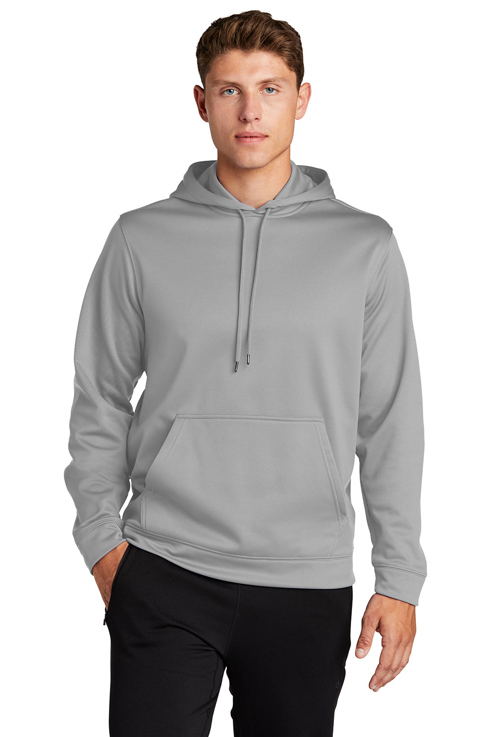 Sport-Tek F244 Mens Sport-Wick Moisture Wicking Fleece Hooded Sweatshirt Hoodie Silver Grey Model Front