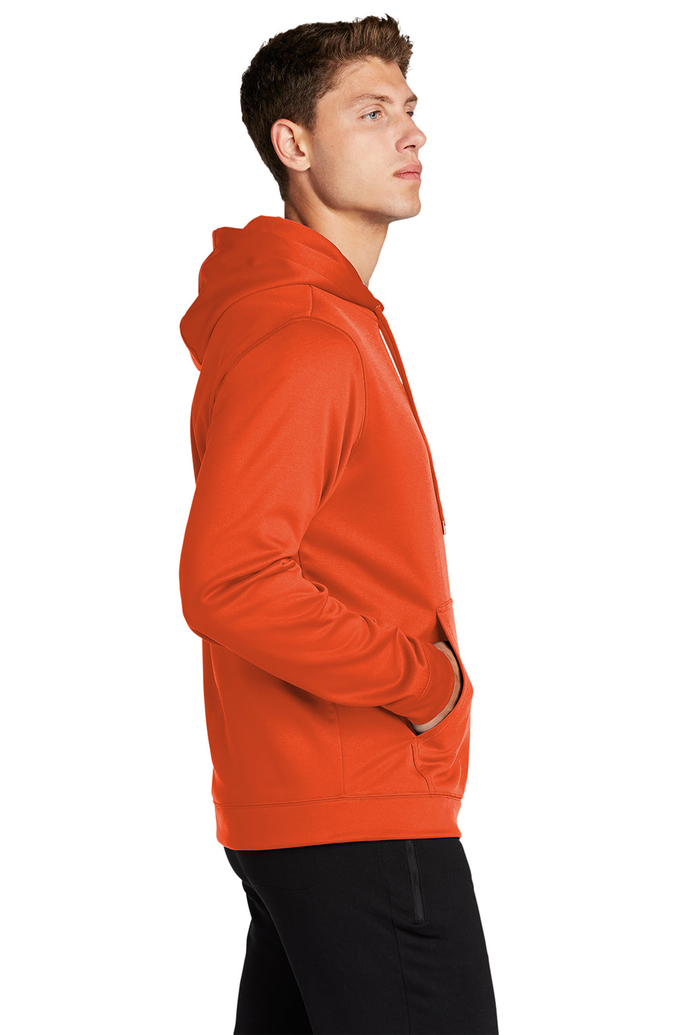 Sport-Tek F244 Mens Sport-Wick Moisture Wicking Fleece Hooded Sweatshirt Hoodie Deep Orange Model Side