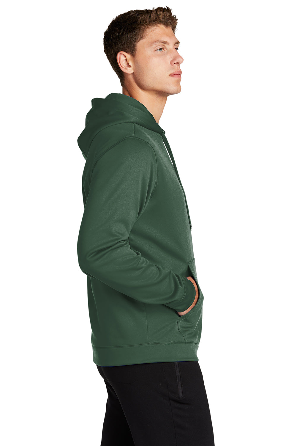 Sport-Tek F244 Mens Sport-Wick Moisture Wicking Fleece Hooded Sweatshirt Hoodie Forest Green Model Side