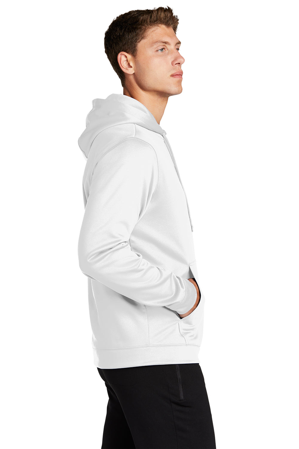 Sport-Tek F244 Mens Sport-Wick Moisture Wicking Fleece Hooded Sweatshirt Hoodie White Model Side