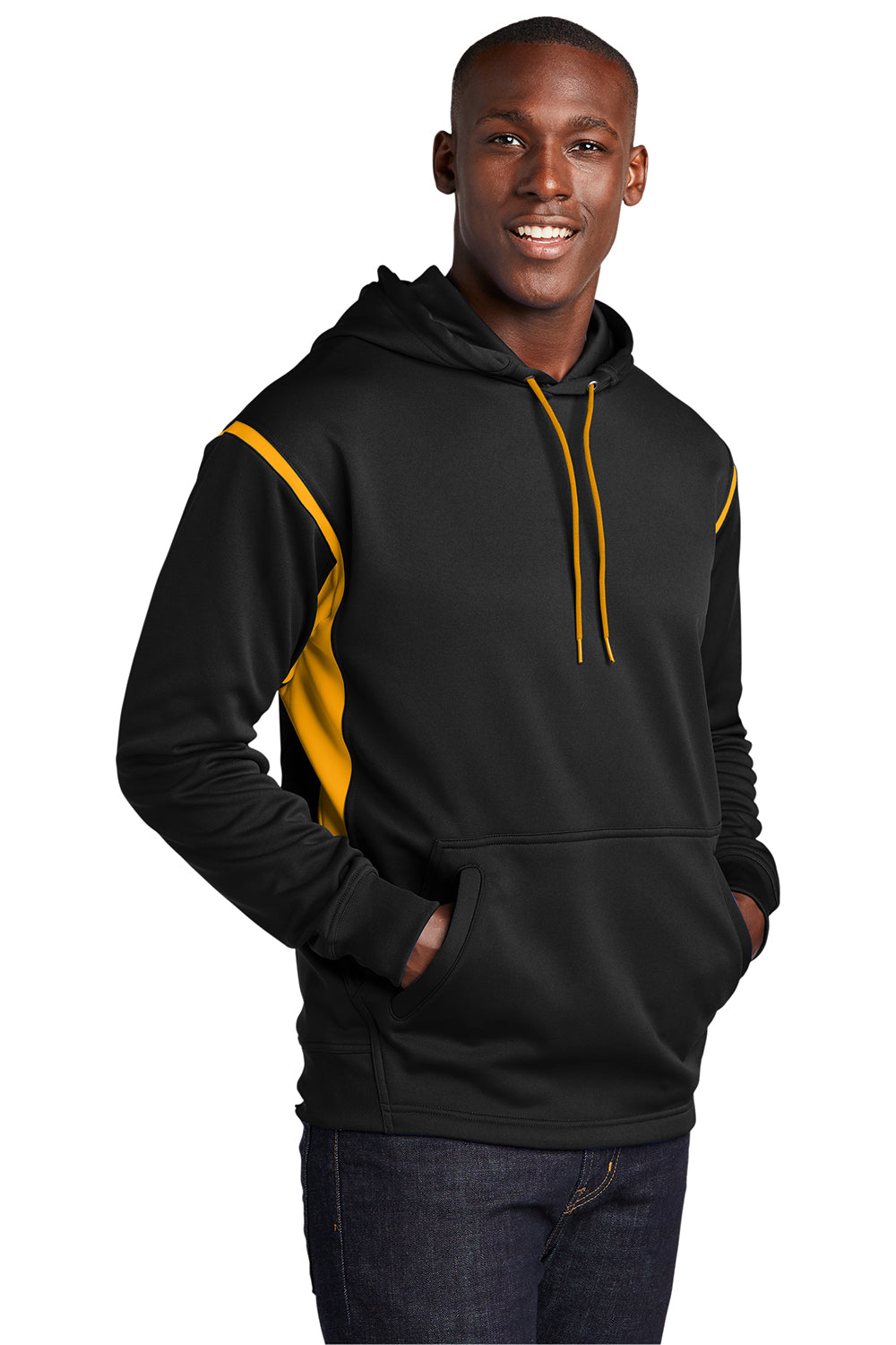 Sport-Tek F246 Mens Tech Moisture Wicking Fleece Hooded Sweatshirt Hoodie Black/Gold Model 3q