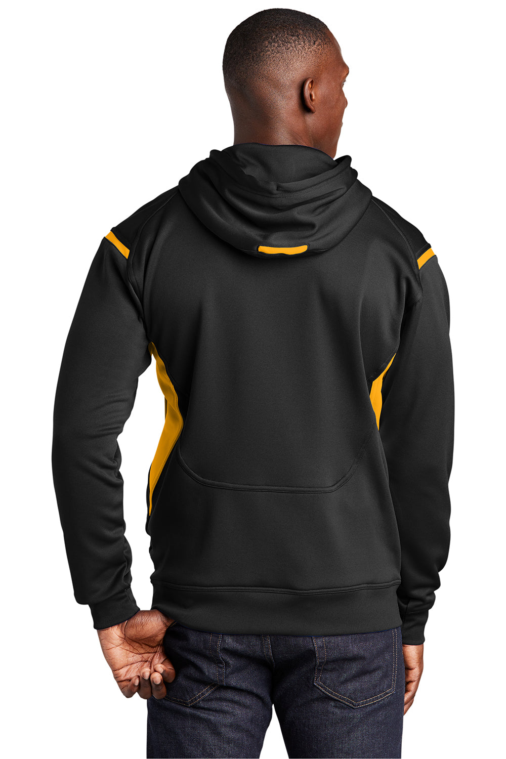 Sport-Tek F246 Mens Tech Moisture Wicking Fleece Hooded Sweatshirt Hoodie Black/Gold Model Back