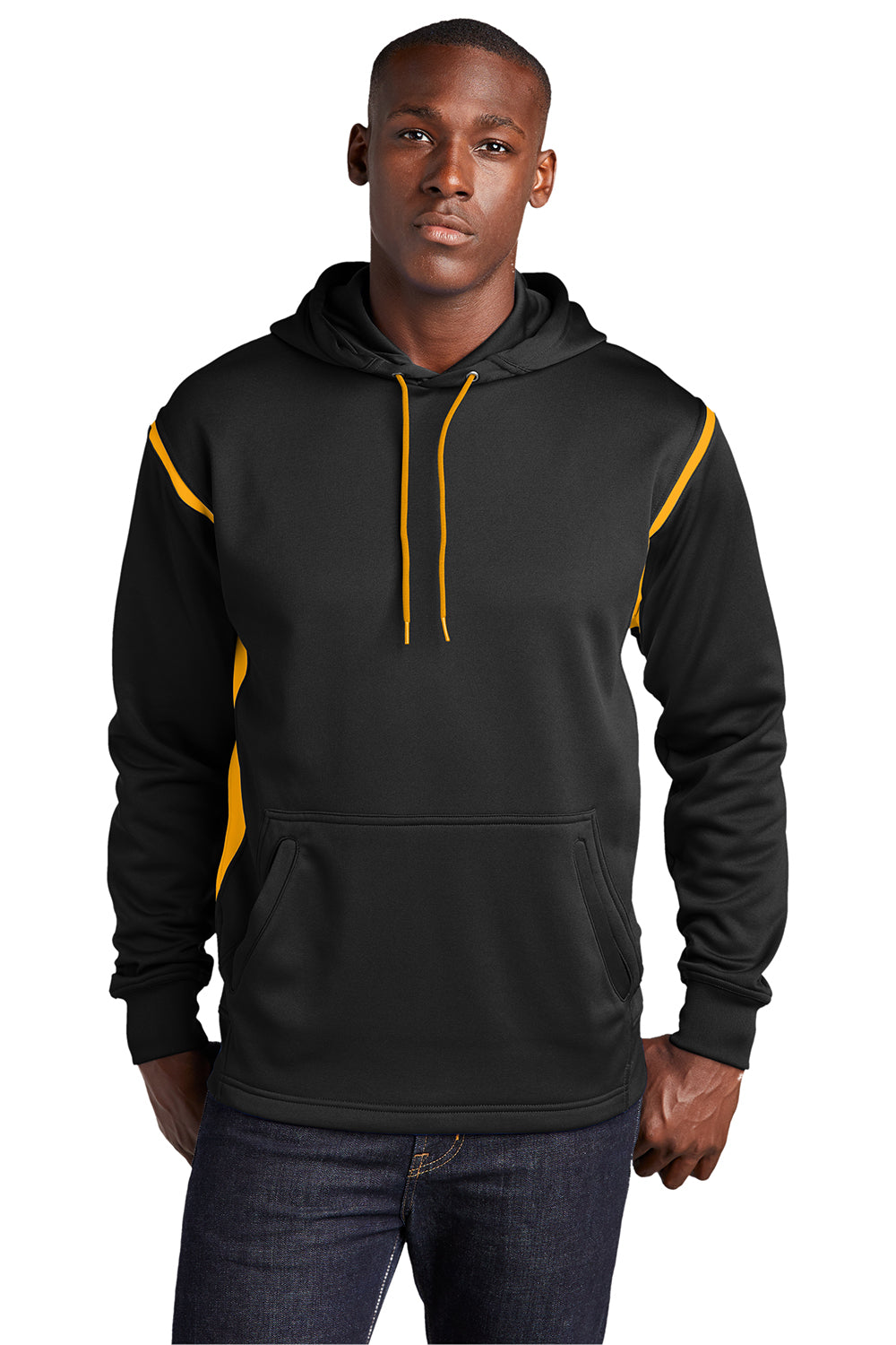 Sport-Tek F246 Mens Tech Moisture Wicking Fleece Hooded Sweatshirt Hoodie Black/Gold Model Front