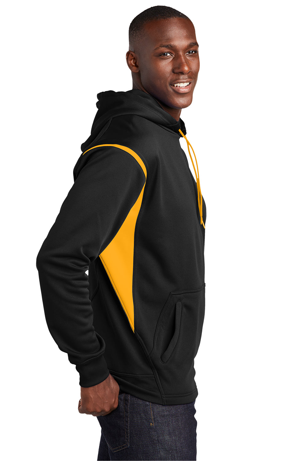 Sport-Tek F246 Mens Tech Moisture Wicking Fleece Hooded Sweatshirt Hoodie Black/Gold Model Side