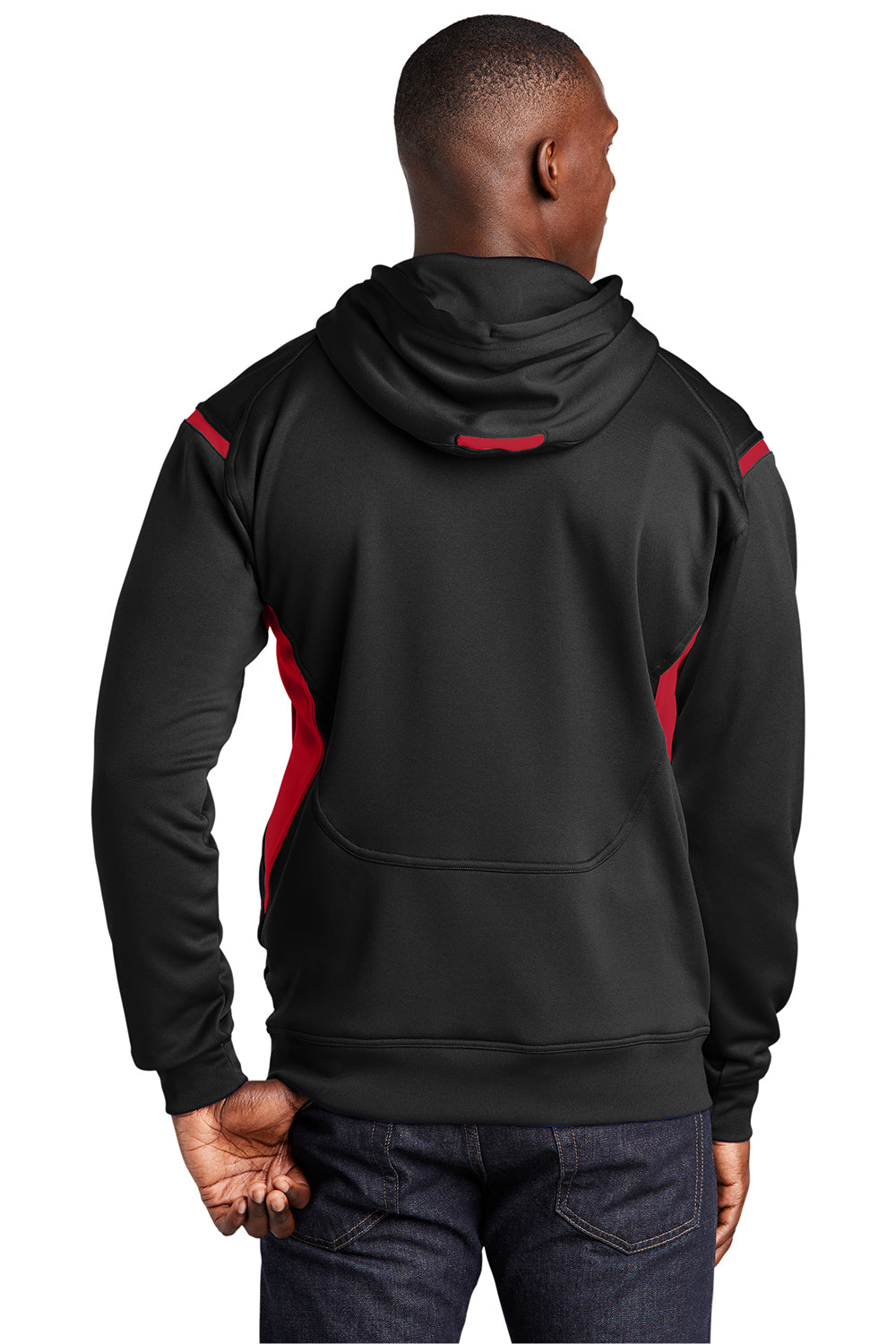 Sport-Tek F246 Mens Tech Moisture Wicking Fleece Hooded Sweatshirt Hoodie Black/True Red Model Back