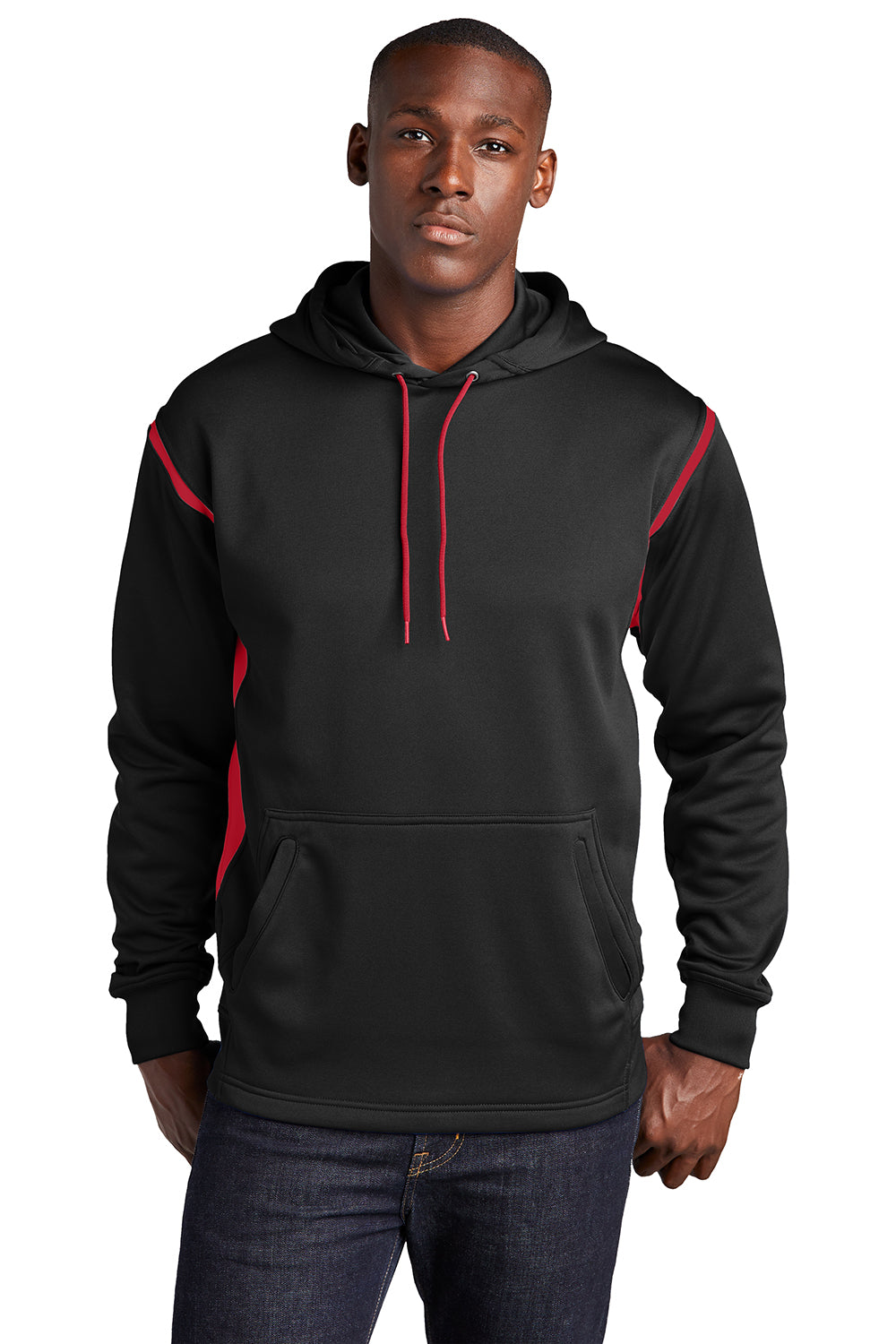 Sport-Tek F246 Mens Tech Moisture Wicking Fleece Hooded Sweatshirt Hoodie Black/True Red Model Front