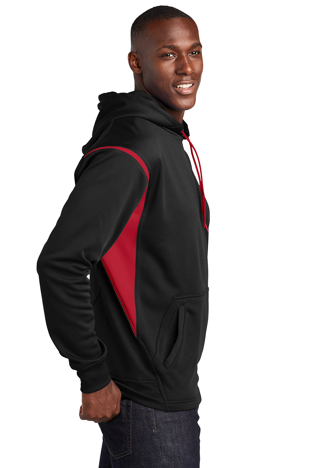 Sport-Tek F246 Mens Tech Moisture Wicking Fleece Hooded Sweatshirt Hoodie Black/True Red Model Side