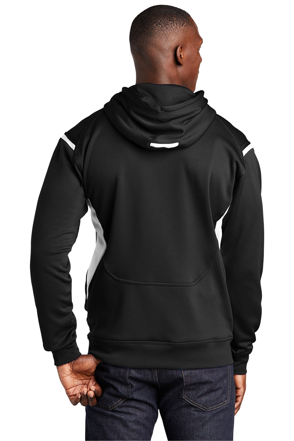 Sport-Tek F246 Mens Tech Moisture Wicking Fleece Hooded Sweatshirt Hoodie Black/White Model Back