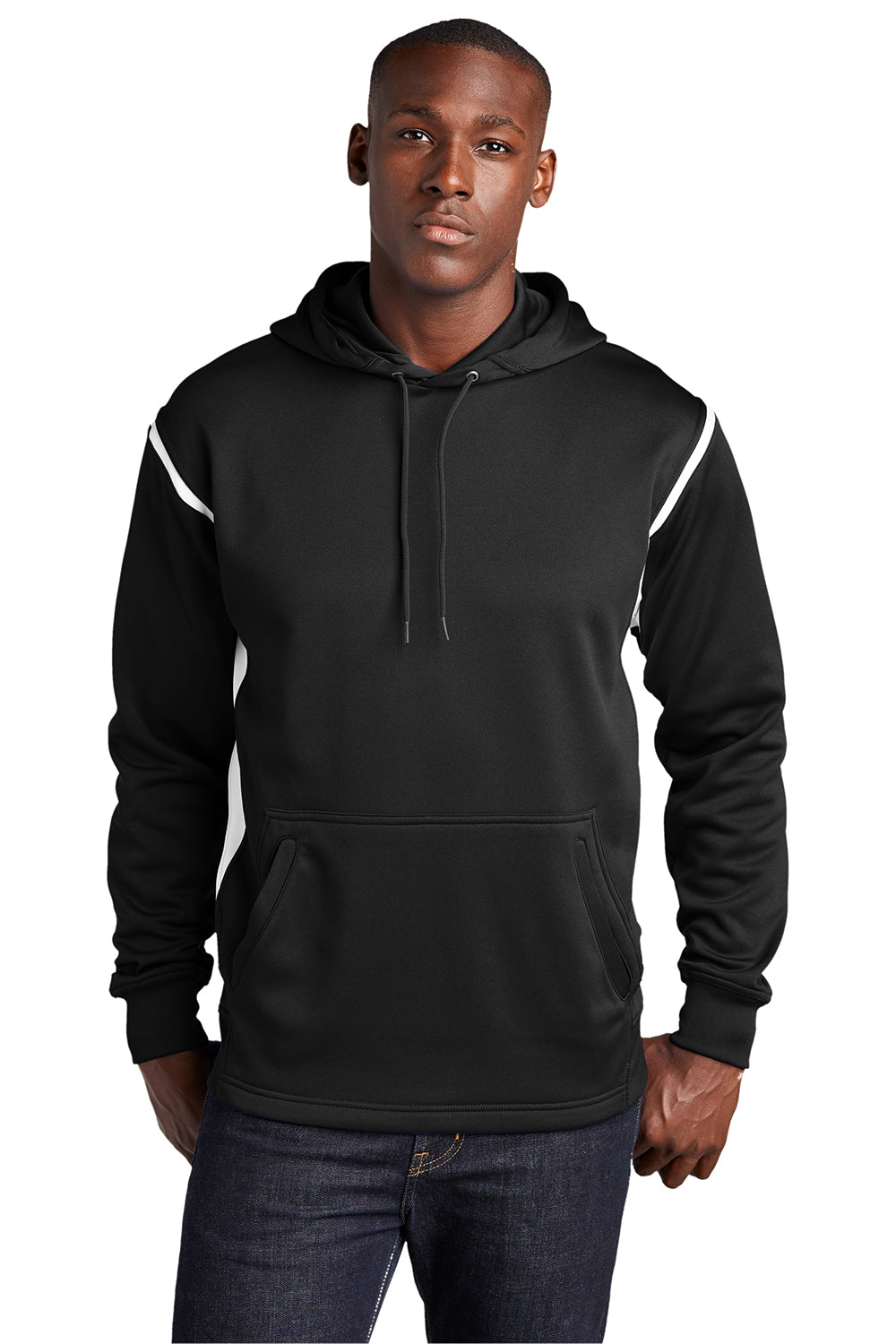 Sport-Tek F246 Mens Tech Moisture Wicking Fleece Hooded Sweatshirt Hoodie Black/White Model Front