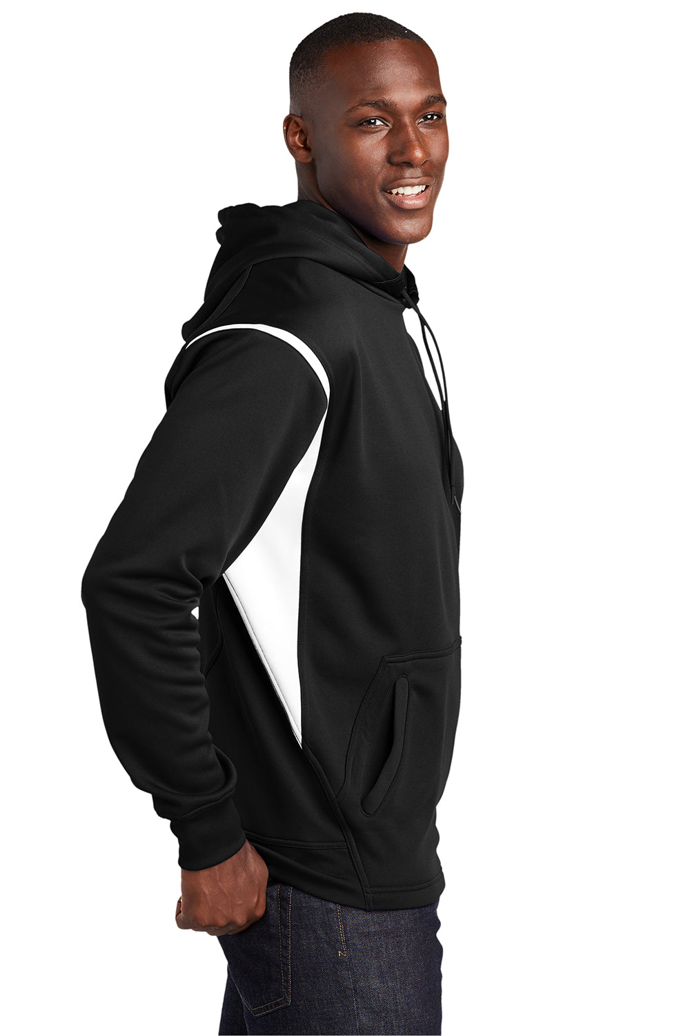 Sport-Tek F246 Mens Tech Moisture Wicking Fleece Hooded Sweatshirt Hoodie Black/White Model Side