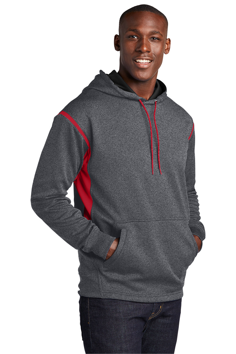 Sport-Tek F246 Mens Tech Moisture Wicking Fleece Hooded Sweatshirt Hoodie Heather Graphite Grey/True Red Model 3q