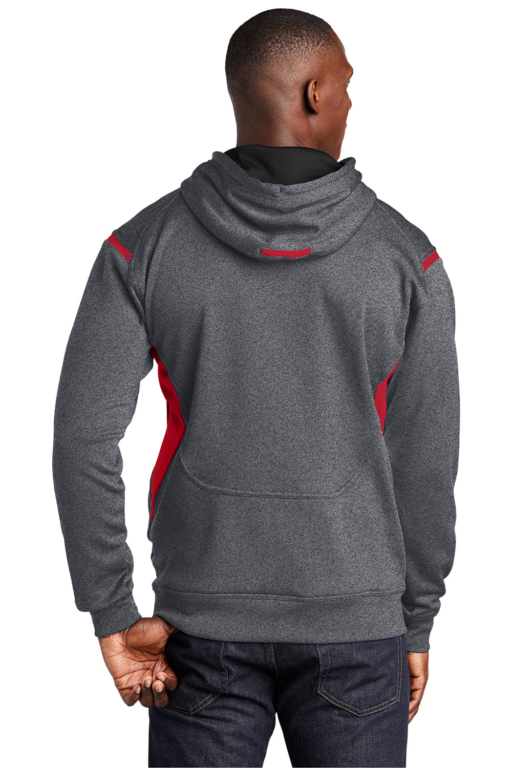 Sport-Tek F246 Mens Tech Moisture Wicking Fleece Hooded Sweatshirt Hoodie Heather Graphite Grey/True Red Model Back