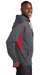 Sport-Tek F246 Mens Tech Moisture Wicking Fleece Hooded Sweatshirt Hoodie Heather Graphite Grey/True Red Model Side