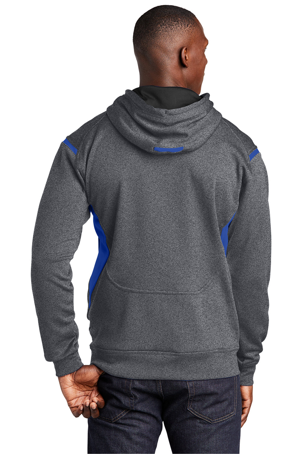 Sport-Tek F246 Mens Tech Moisture Wicking Fleece Hooded Sweatshirt Hoodie Heather Graphite Grey/True Royal Blue Model Back