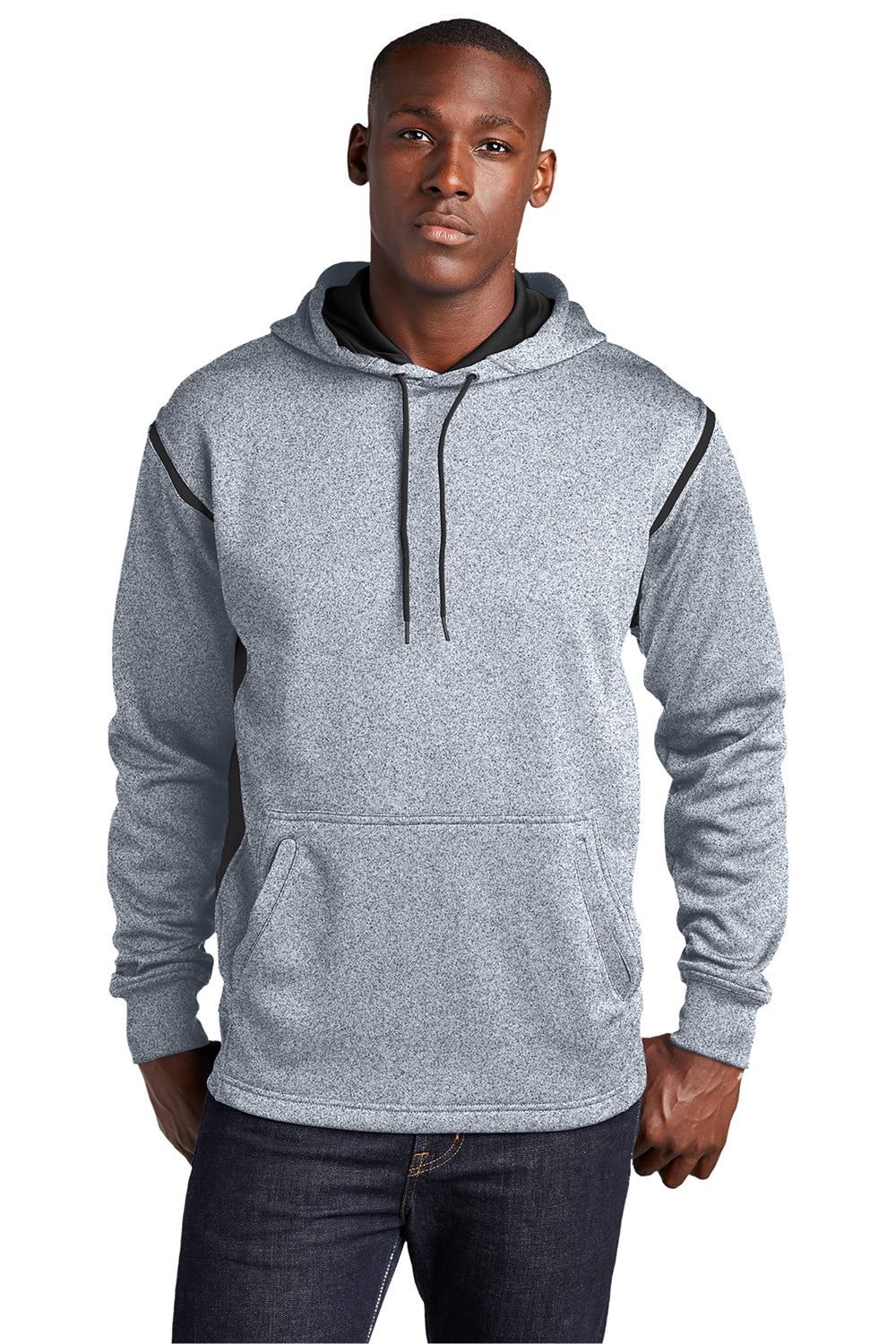 Sport-Tek F246 Mens Tech Moisture Wicking Fleece Hooded Sweatshirt Hoodie Heather Grey/Black Model Front