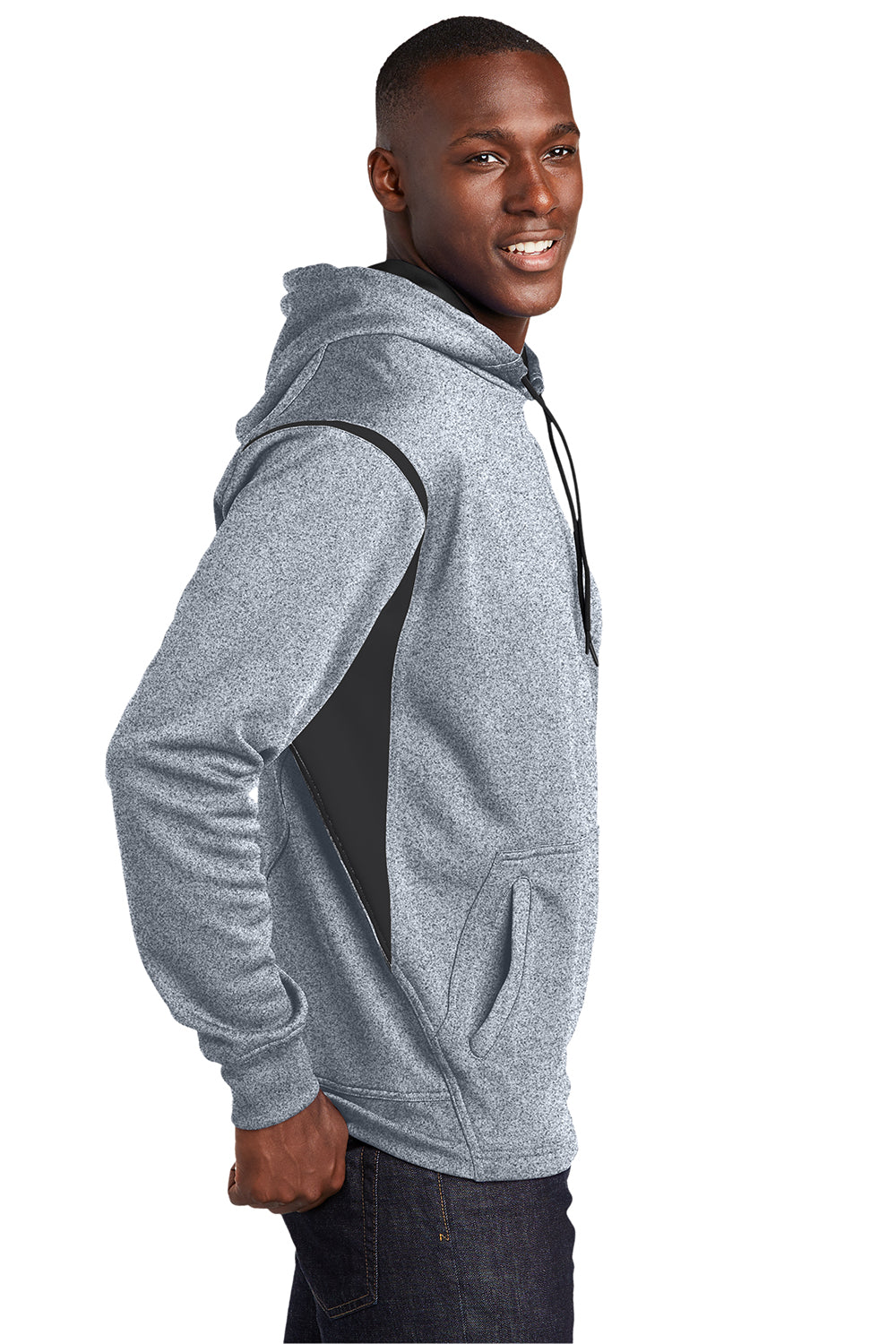 Sport-Tek F246 Mens Tech Moisture Wicking Fleece Hooded Sweatshirt Hoodie Heather Grey/Black Model Side