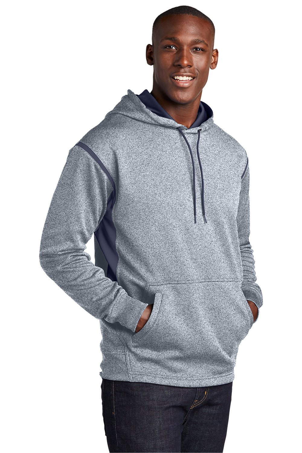 Sport-Tek F246 Mens Tech Moisture Wicking Fleece Hooded Sweatshirt Hoodie Heather Grey/True Navy Blue Model 3q