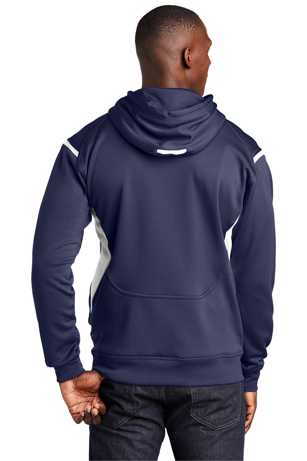 Sport-Tek F246 Mens Tech Moisture Wicking Fleece Hooded Sweatshirt Hoodie True Navy Blue/White Model Back