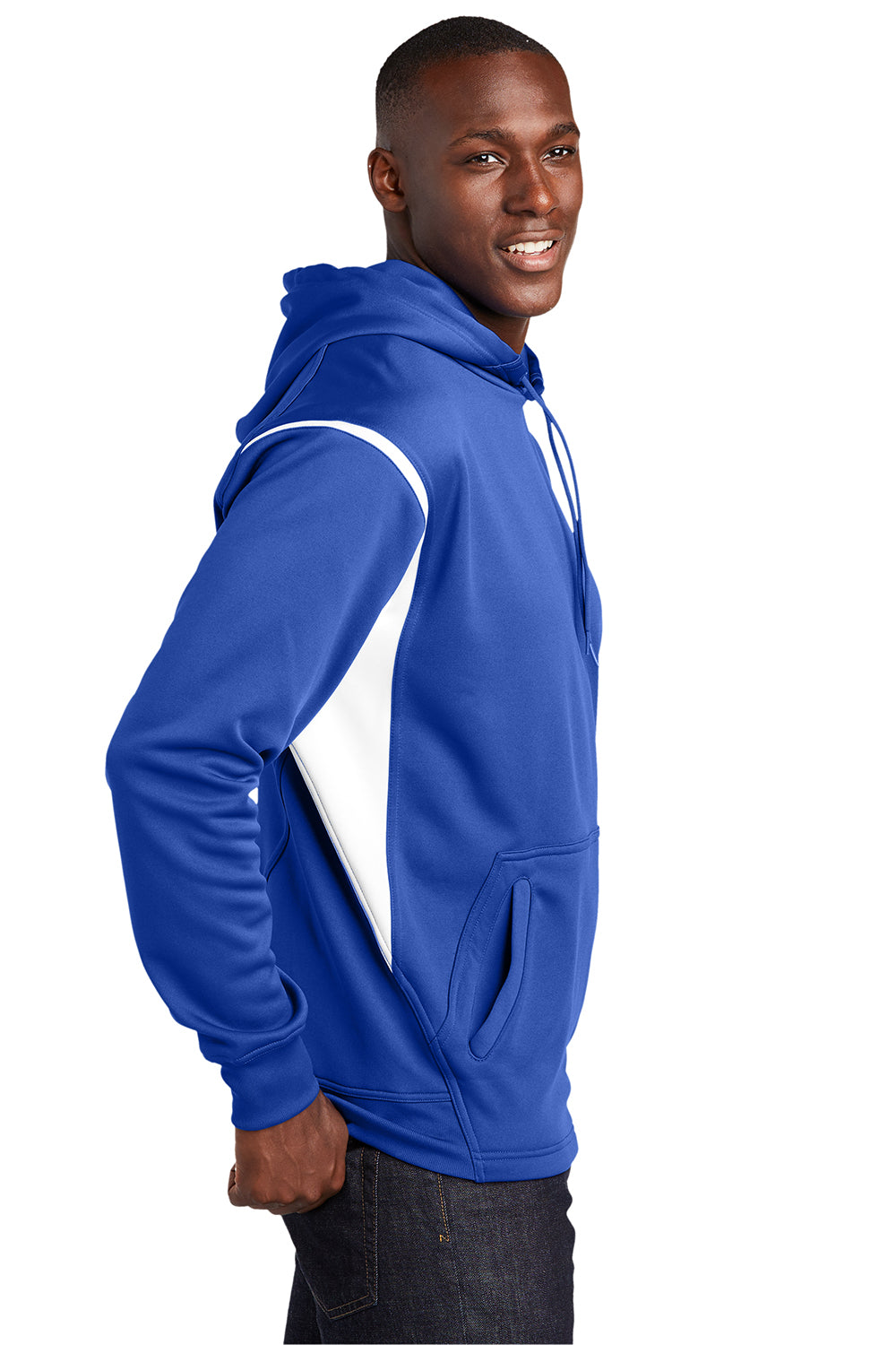 Sport-Tek F246 Mens Tech Moisture Wicking Fleece Hooded Sweatshirt Hoodie True Royal Blue/White Model Side